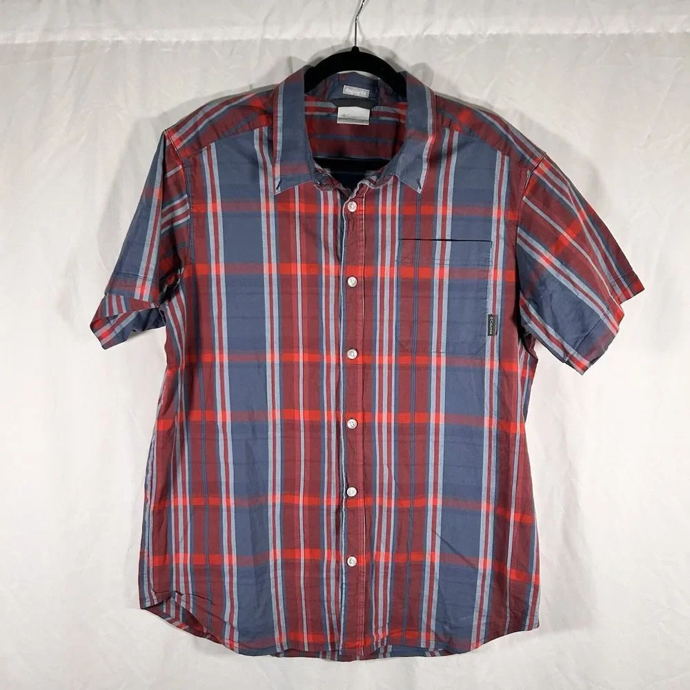 Columbia Shirt Men's Large Blue Red Plaid Shirt Sleeve Regular Fit Button